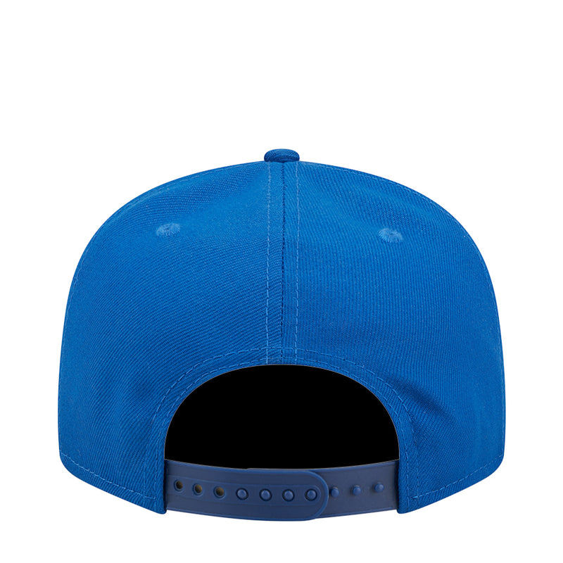 Blue baseball cap back view with eyelets and black strap