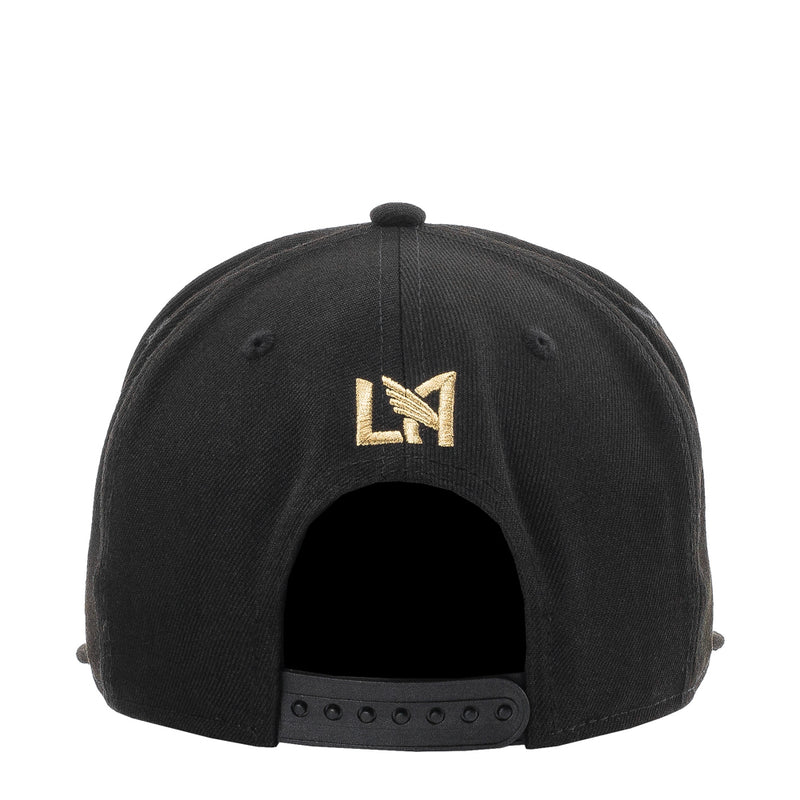Black baseball cap with gold emblem on front panel and snapback