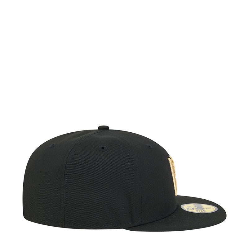 Black baseball cap with gold side detail and flat black brim