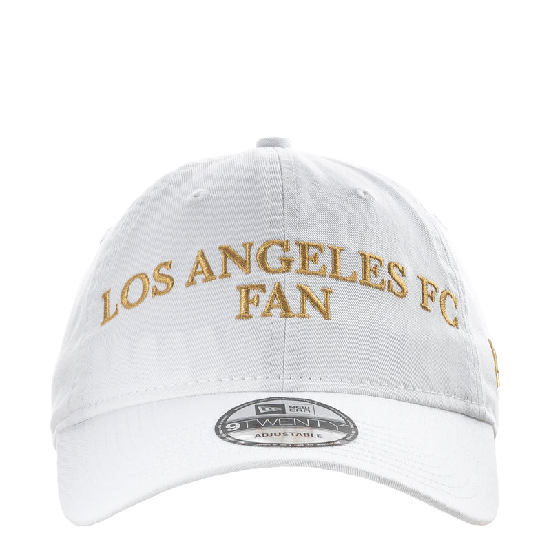 White LAFC fan cap with gold "LOS ANGELES FAN" embroidery and flat brim