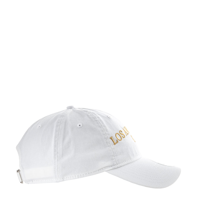 White LAFC fan cap, curved brim with small gold side text