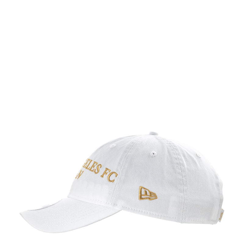 White LAFC fan cap with gold side letters and New Era logo patch