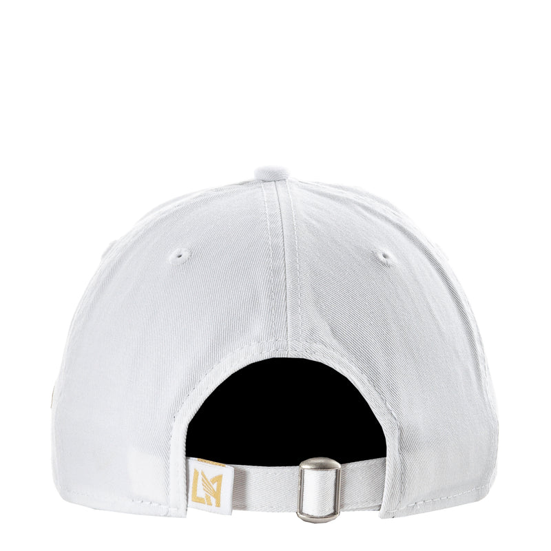 White LAFC fan cap with adjustable metal buckle strap at back