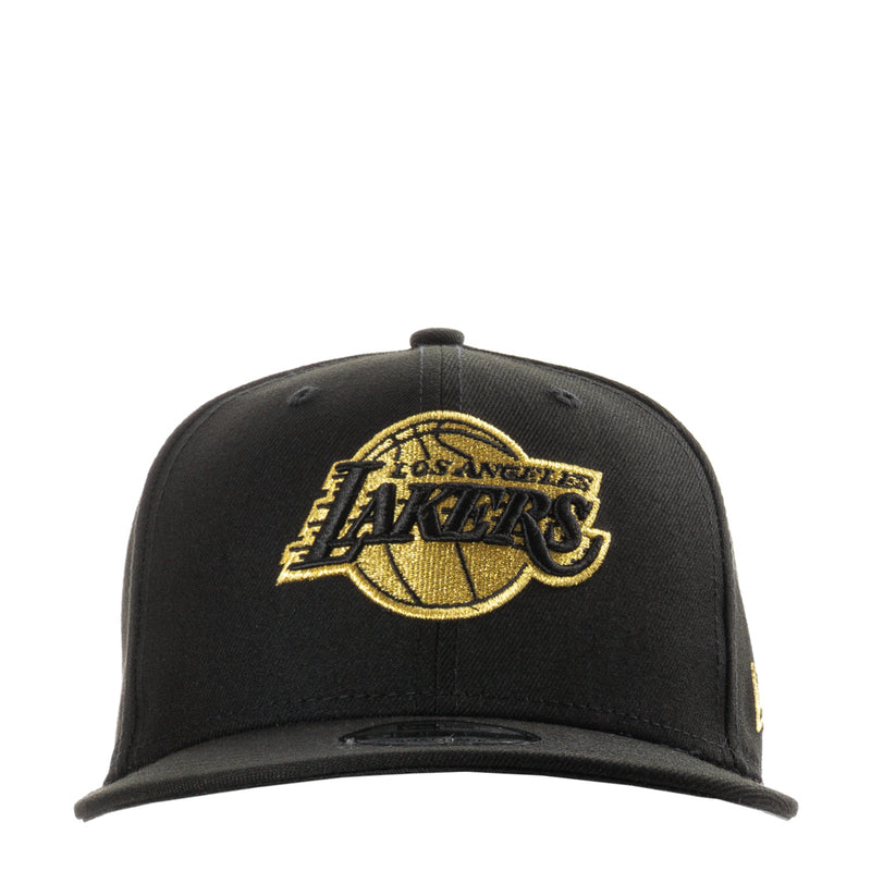 Black and gold Lakers logo baseball cap with flat brim and stitched eyelets