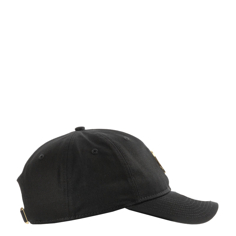 Black baseball cap with curved brim and small side details