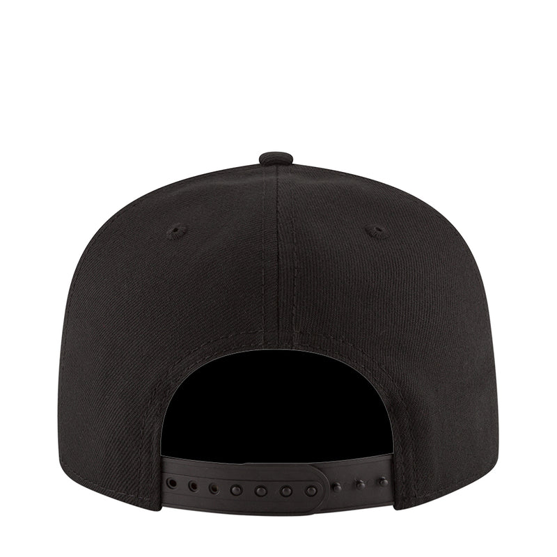 Black snapback cap with adjustable back strap and open rear view
