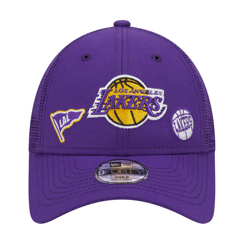 Kids purple trucker cap with Lakers logo patch and "Lakers" graphic