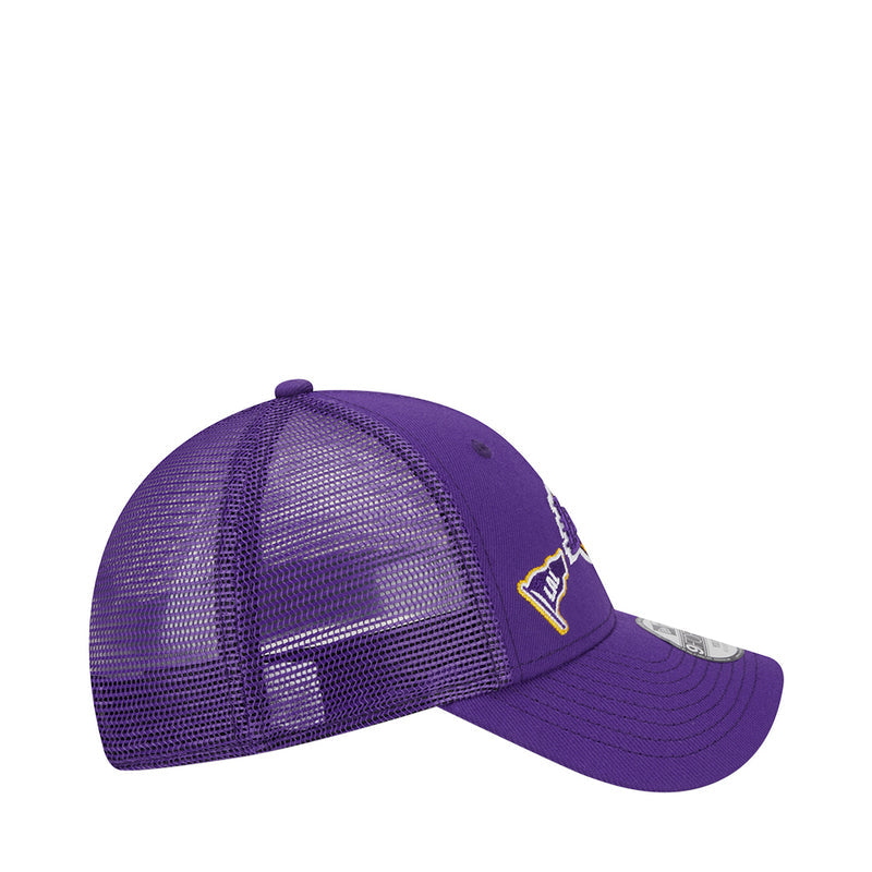 Kids purple mesh trucker cap with Lakers side embroidery and curved brim