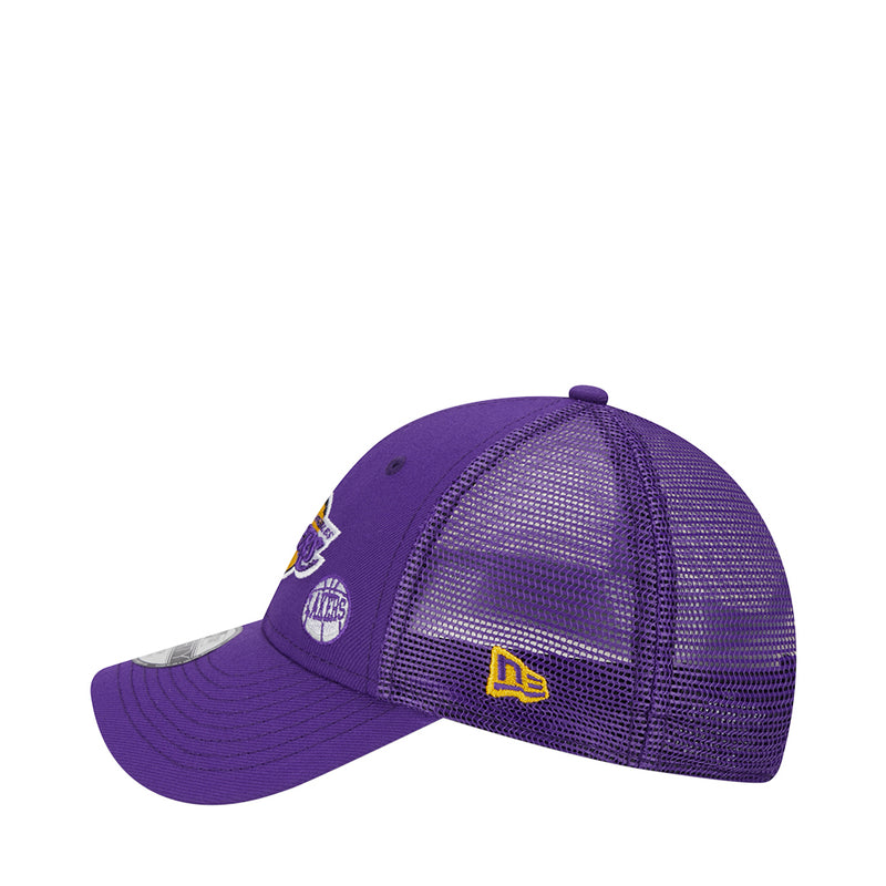 Kids purple mesh trucker cap with small Lakers and NE logo on side