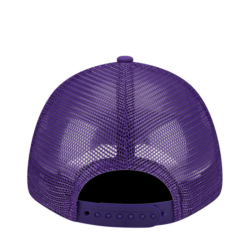 Kids purple trucker cap back view with mesh panels and adjustable snapback