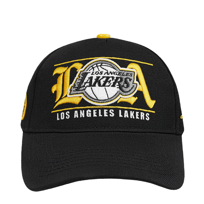 Black snapback baseball cap with yellow Lakers logo and team name front
