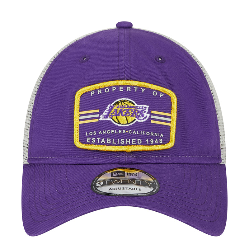 Purple and white trucker cap with front Lakers logo patch and 9TWENTY adjustable strap