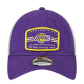 Purple and white trucker cap with front Lakers logo patch and 9TWENTY adjustable strap