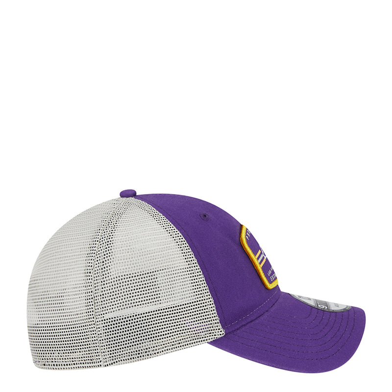 Purple and white mesh-back trucker cap with side logo patch