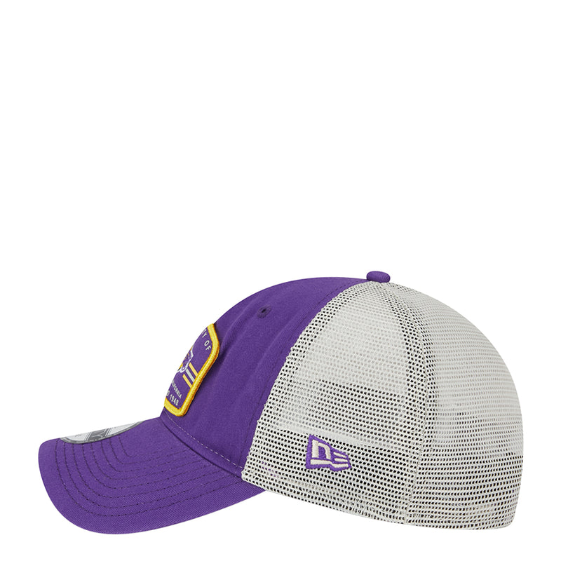 Purple and white trucker cap with curved brim and front mesh panel with LA Lakers mark