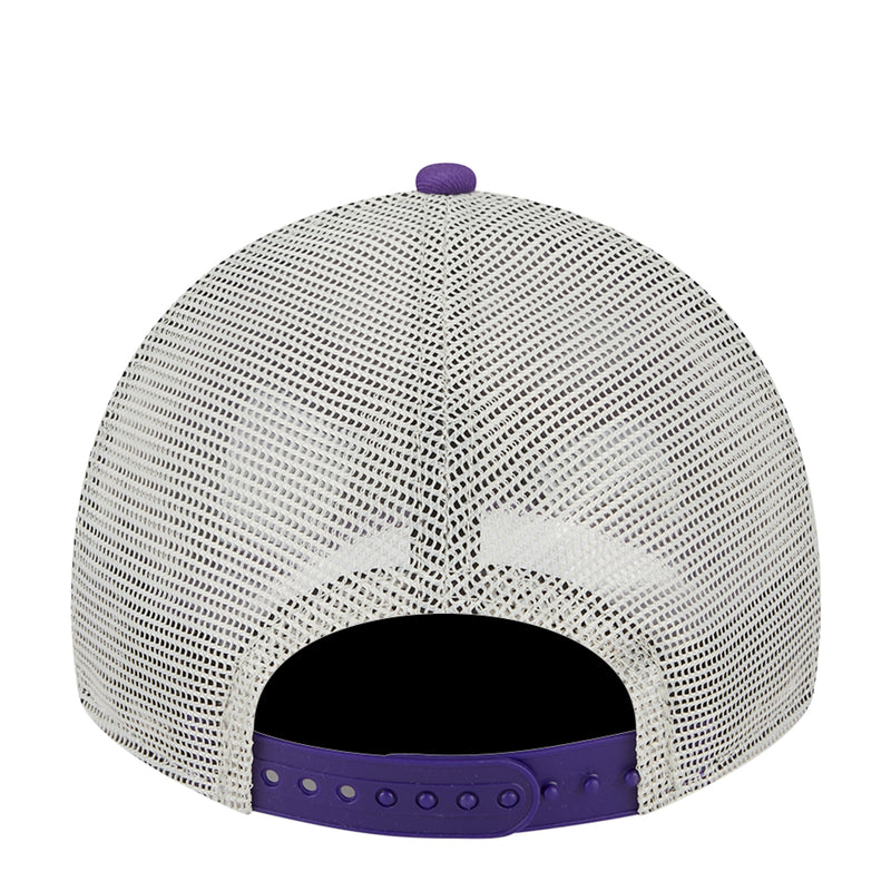 White mesh back trucker cap with purple adjustable strap and top button