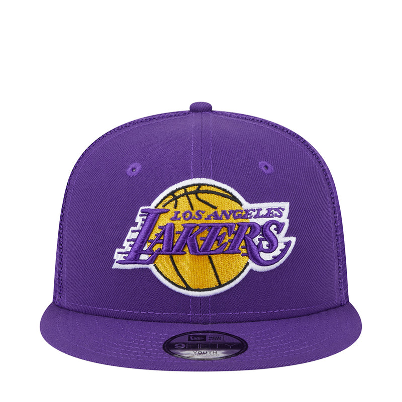 Lakers youth trucker cap in purple with Los Angeles Lakers logo on front
