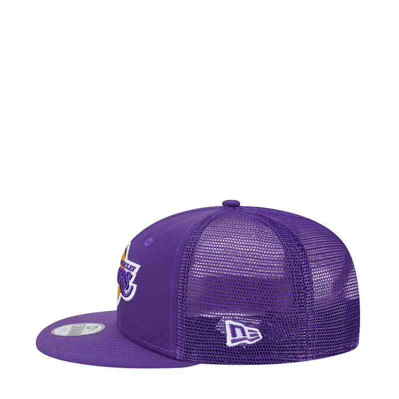 Lakers youth trucker cap in purple mesh with Lakers logo side and New Era mark