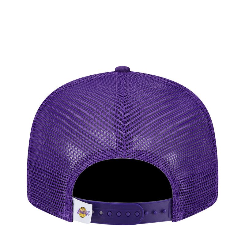 Lakers youth trucker cap back view with purple mesh and adjustable strap