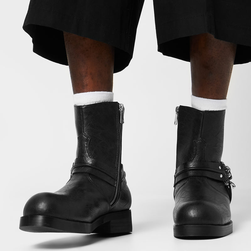 Legion Men's  Stacked Hardware Biker Boots - Vintage Black - Front Model View