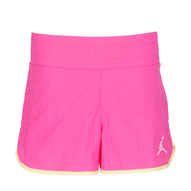 Youth laser fuschia woven shorts with elastic waistband and Jumpman logo at side