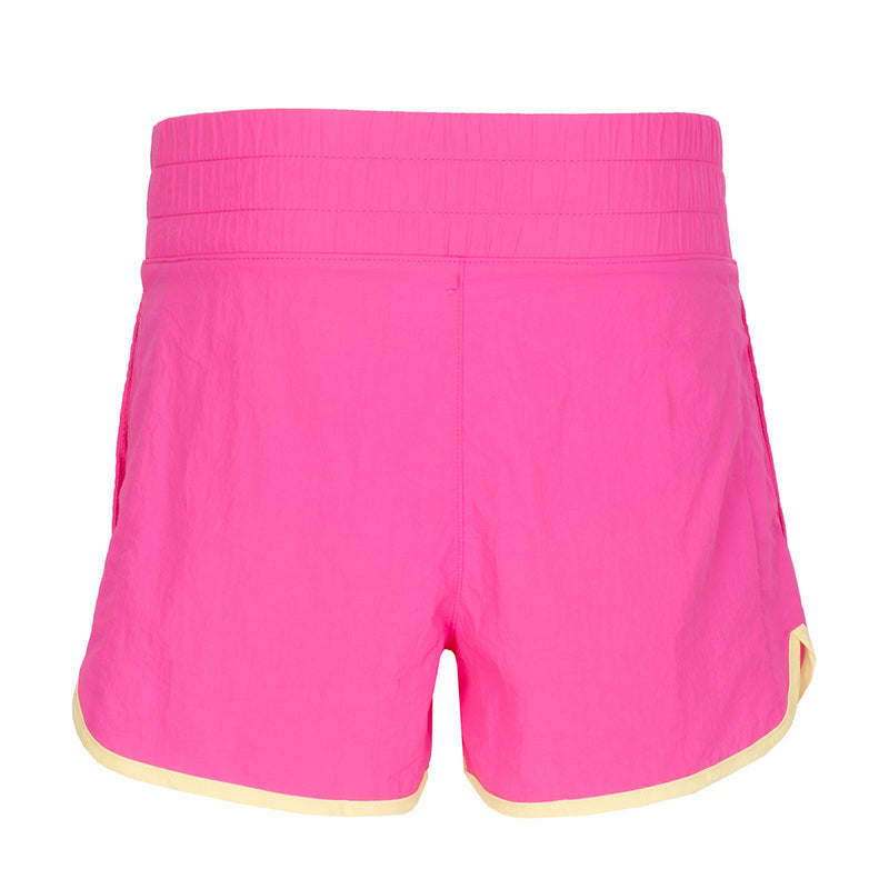 Youth laser fuschia woven shorts, elastic waistband, center seam, beige hem trim
