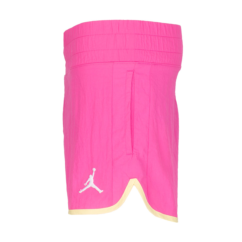 Youth laser fuschia woven shorts with back patch logo and drawstring tie, beige hem