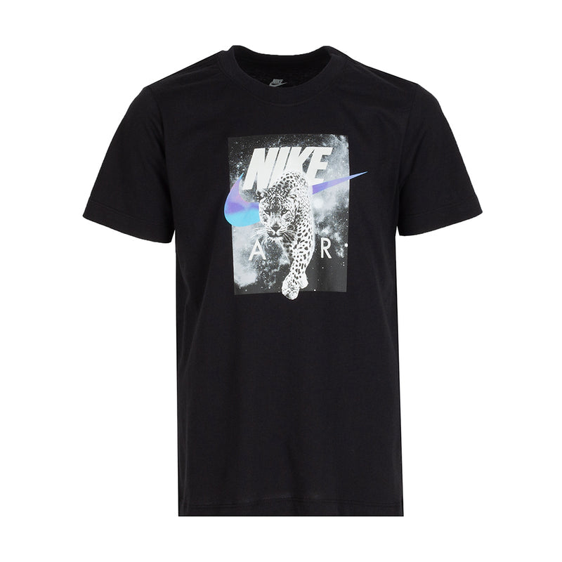 Black youth graphic T-shirt with NIKE leopard photo print on chest.
