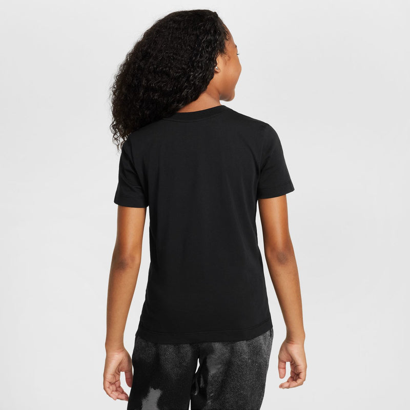 Black youth T-shirt back view, plain black with crew neckline.