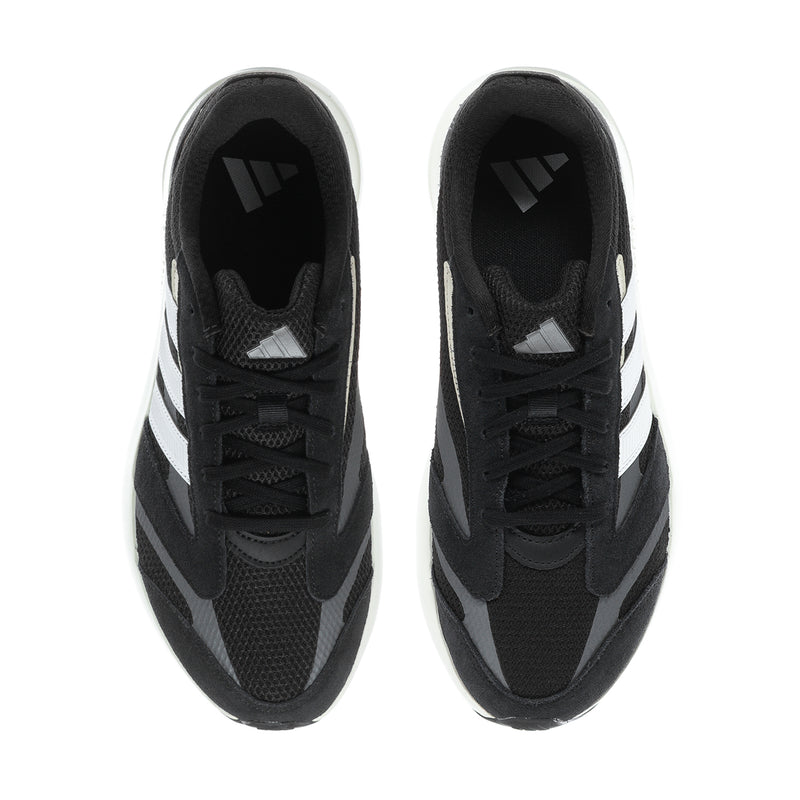 Lightshift men's black sneakers, front view with lace-up closure and striped accents