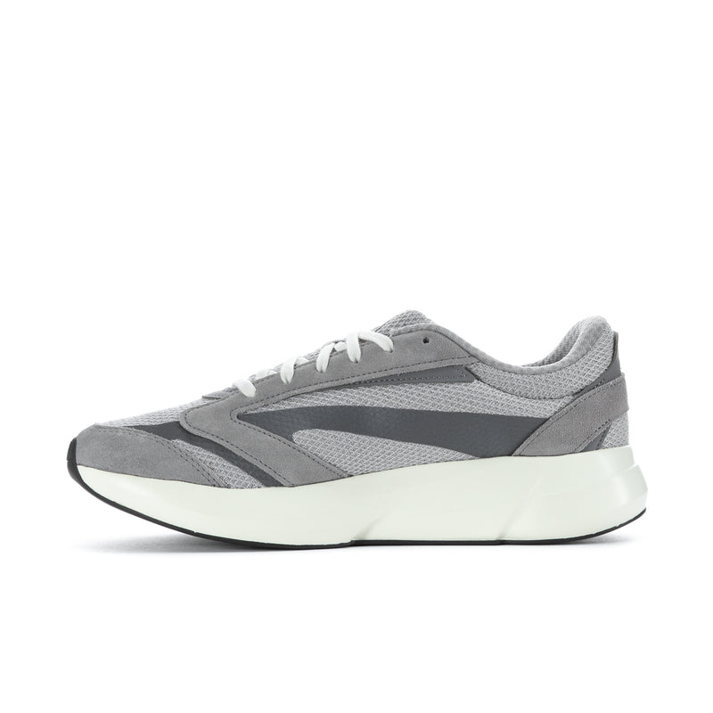 Grey men's sneakers with three white stripes, lace-up front, side profile