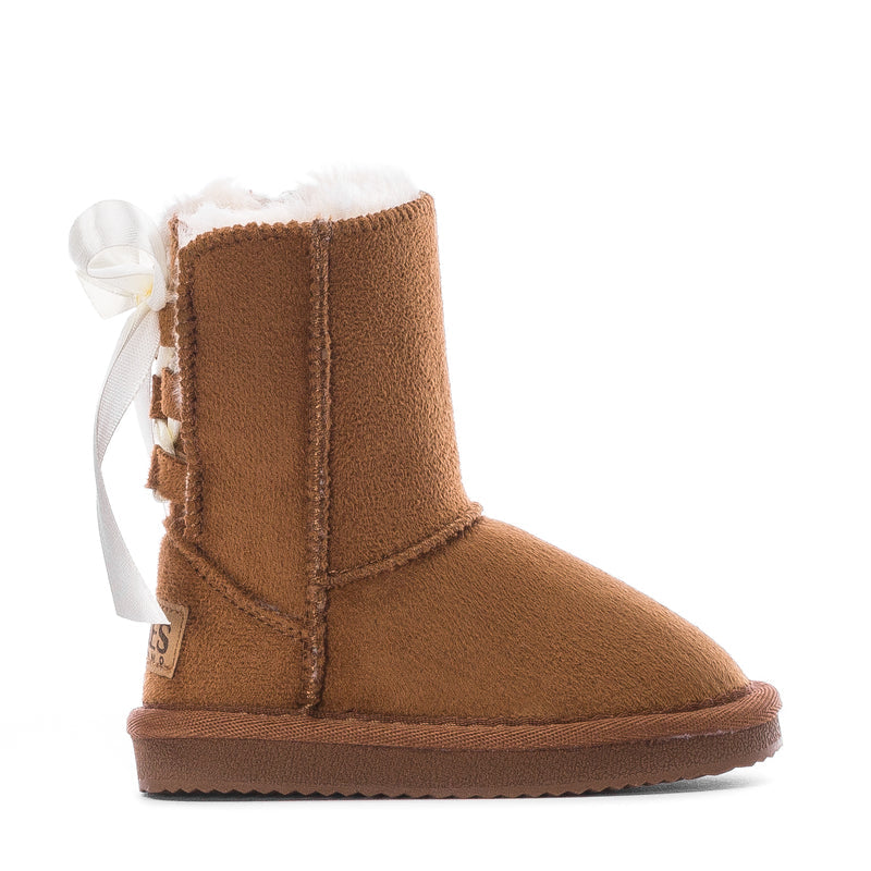 Chestnut suede toddler boot with plush cuff trim and white ribbon bow detail