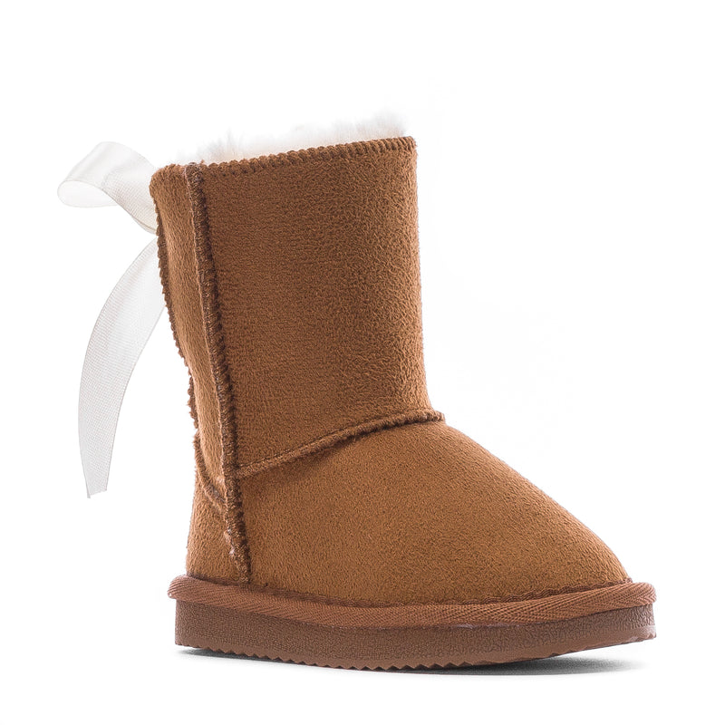 Chestnut suede toddler boot with stitched side panels and white back ribbon bow