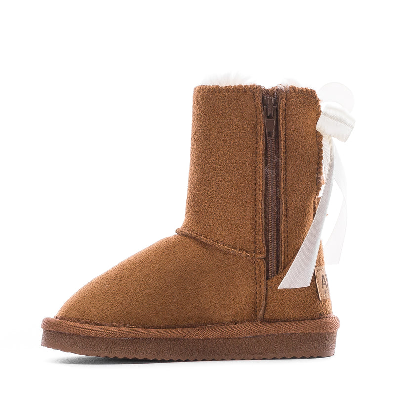 Chestnut suede toddler boot with side zipper and white ribbon bow detail
