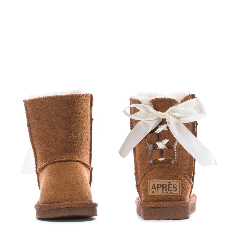 Toddler chestnut boot with white ribbon bow and faux fur trim