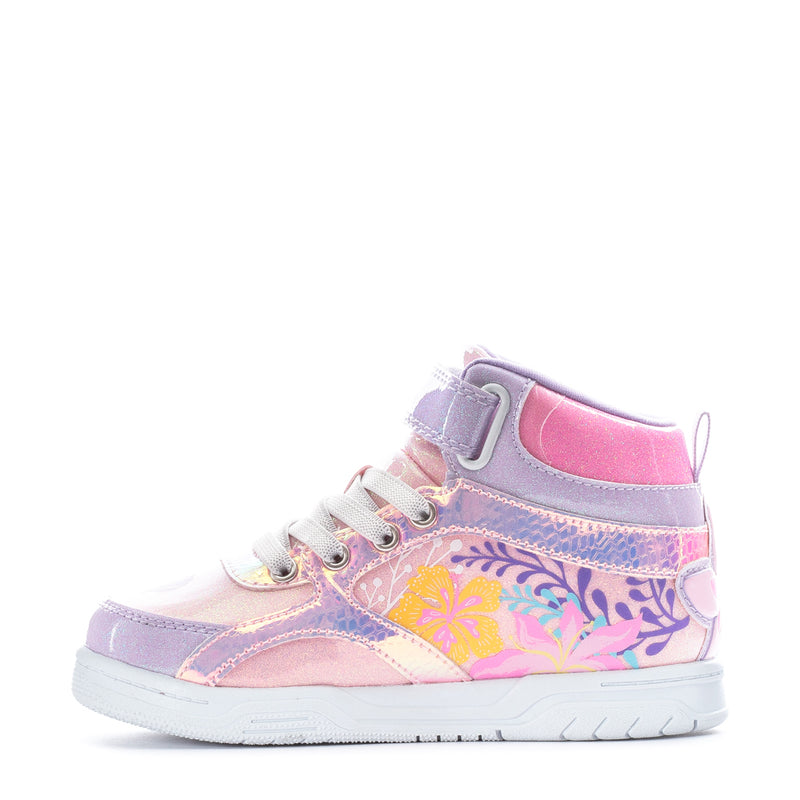 Kids high-top sneakers, pink and lavender with floral underlay, lace-up and strap