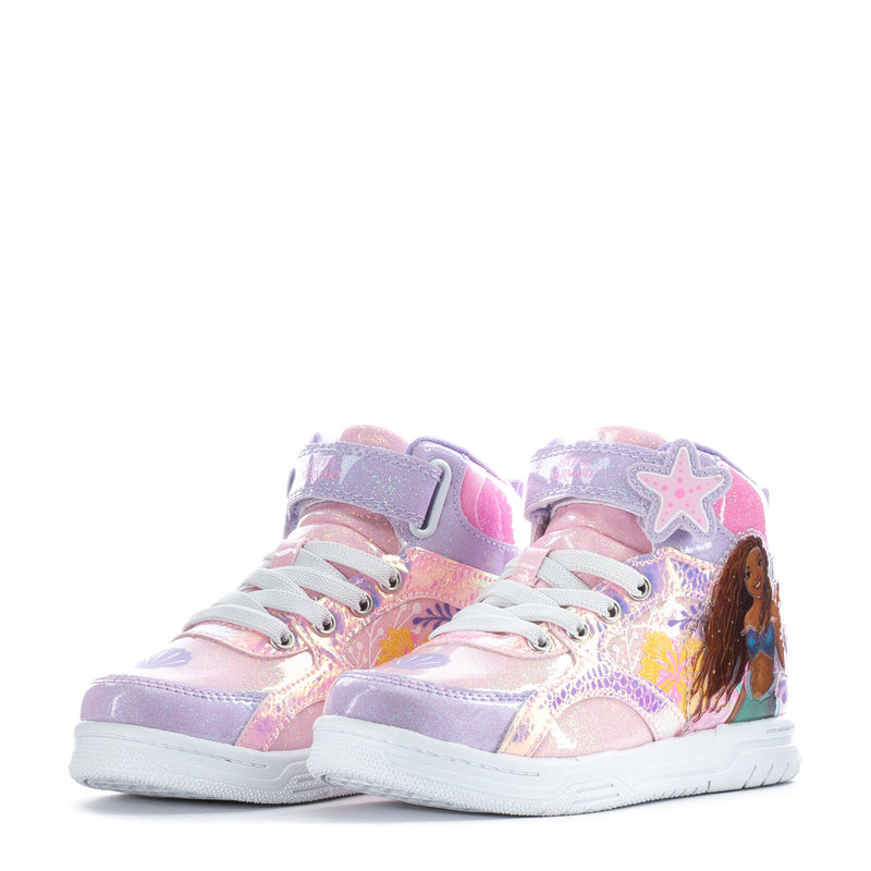 Kids high-top sneakers, pastel pink/purple with mermaid character graphic, lace-up