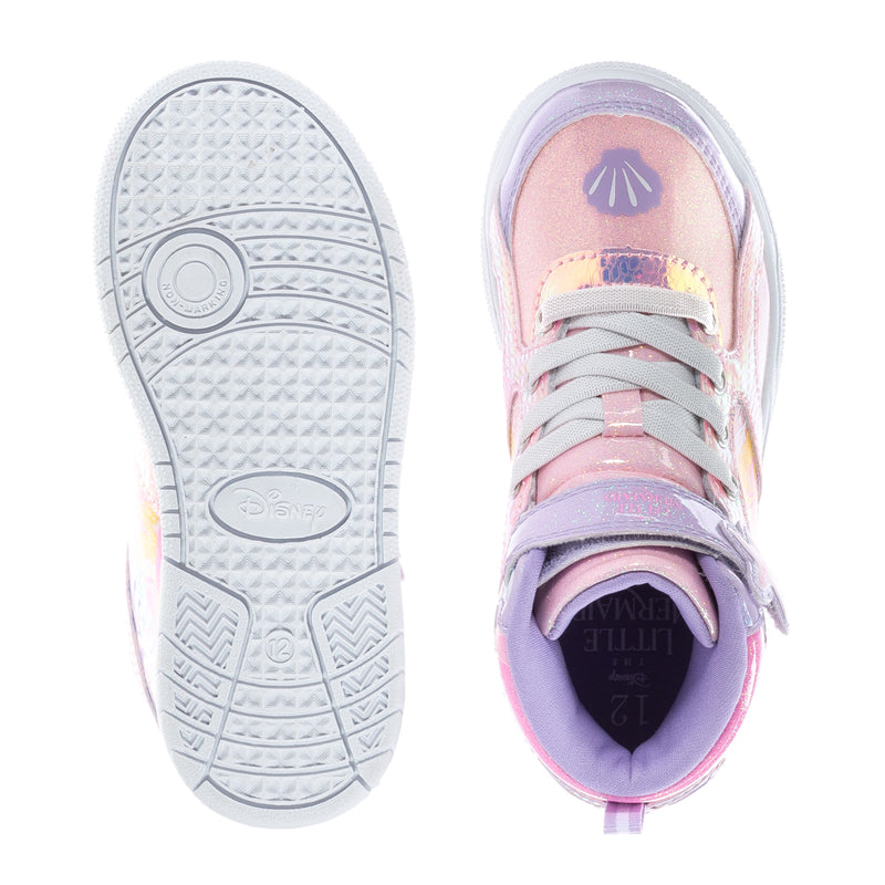 Kids high-top sneakers, outsole and tongue view; pink/lavender with mermaid print