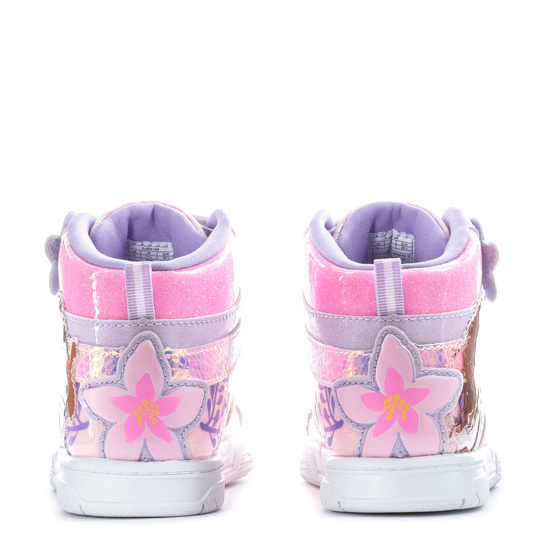 Kids high-top sneakers, back view; pink/purple with flower appliques and padded collar