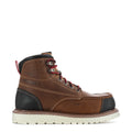 Brown men's work boots, lace-up with red eyelets, black side panels, white outsole