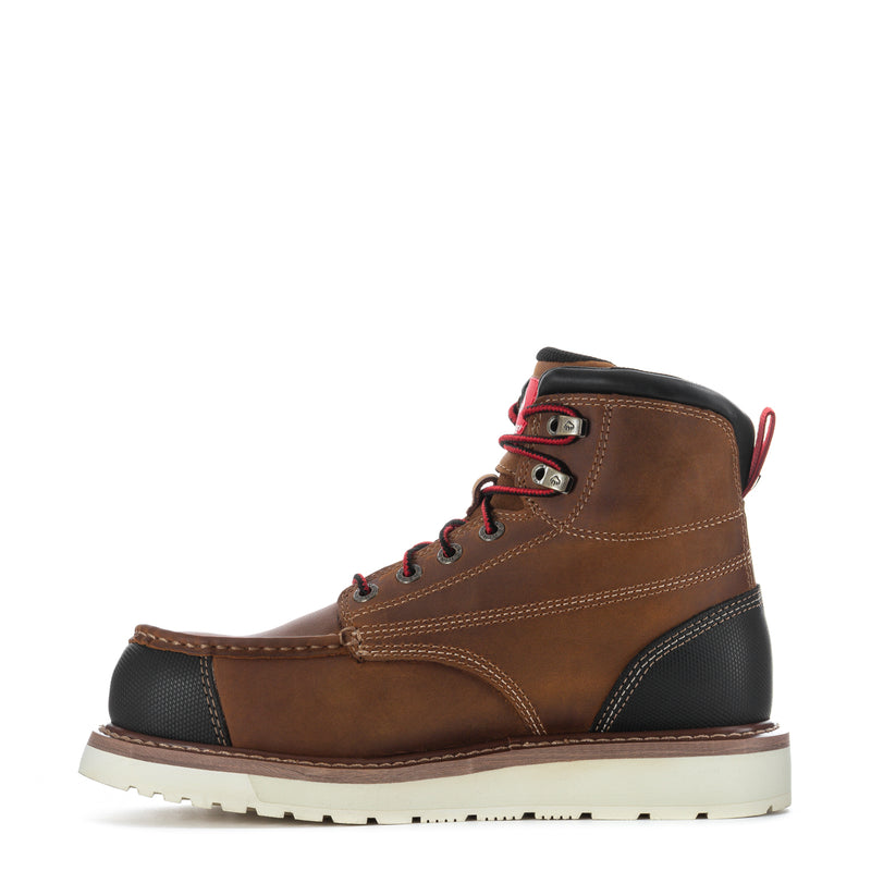 Brown men's lace-up work boots with red laces and eyelets, black heel panels, white sole