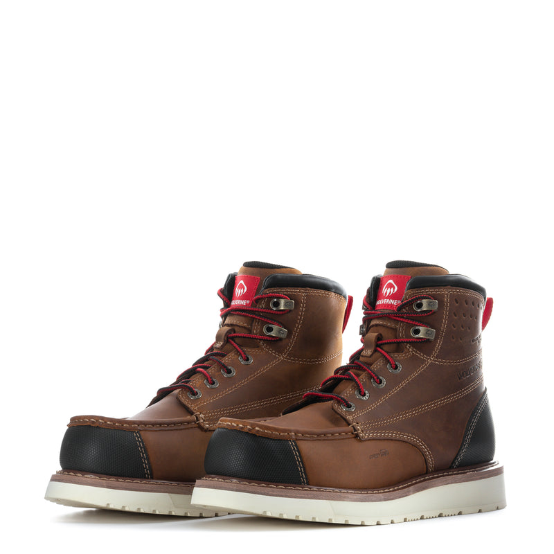 Pair of brown men's lace-up work boots with red laces, black side panels, white outsole