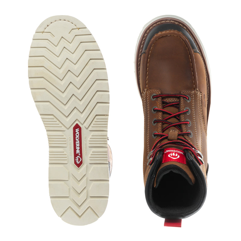 Outsole tread and top view of brown men's lace-up work boots with red laces