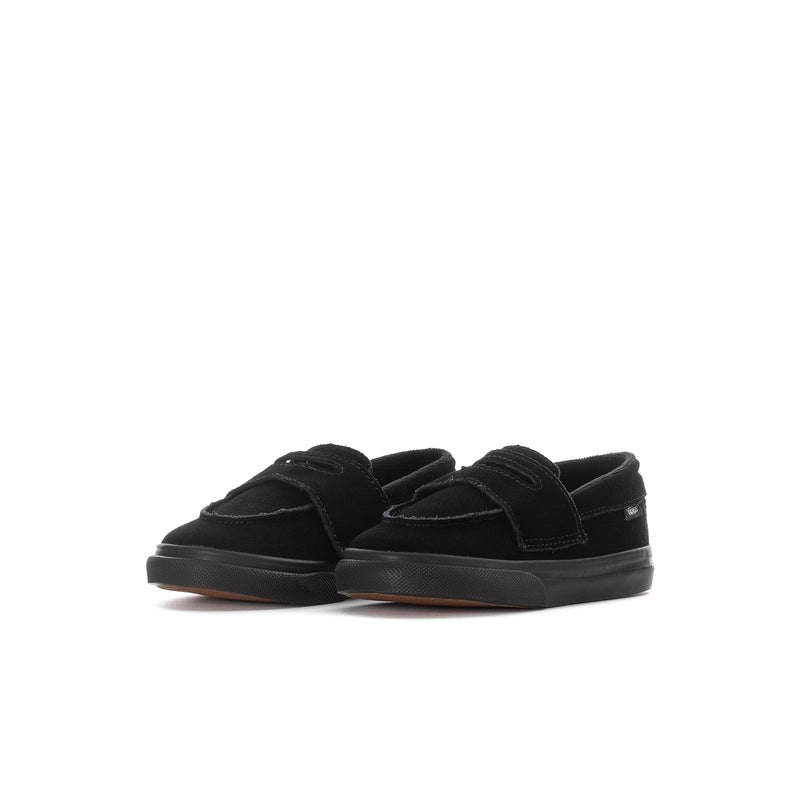 Black toddler slip-on loafer with moc-toe stitching and strap detail