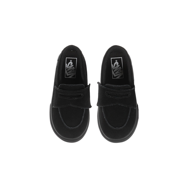 Pair of black toddler loafer shoes with elastic gore and Vans logo