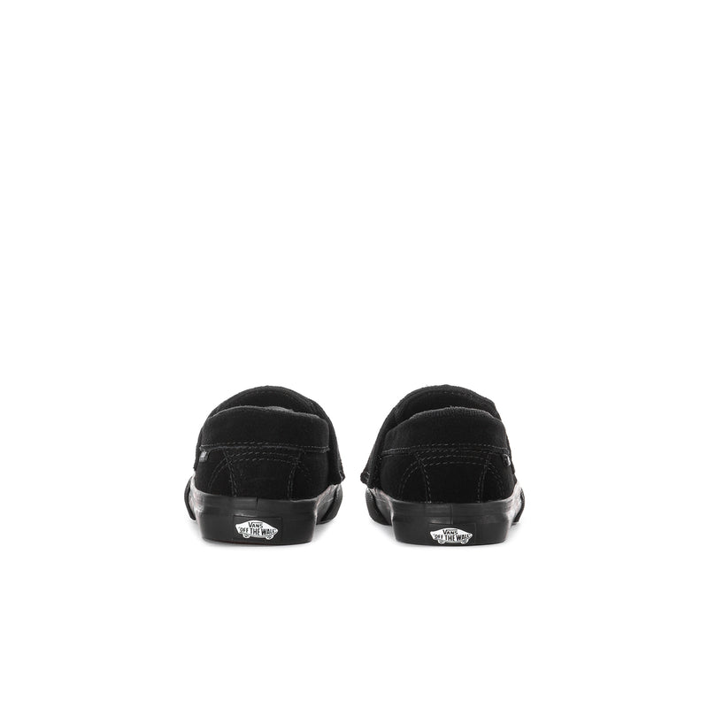 Black toddler loafer shoes, rear view with padded heel and tab