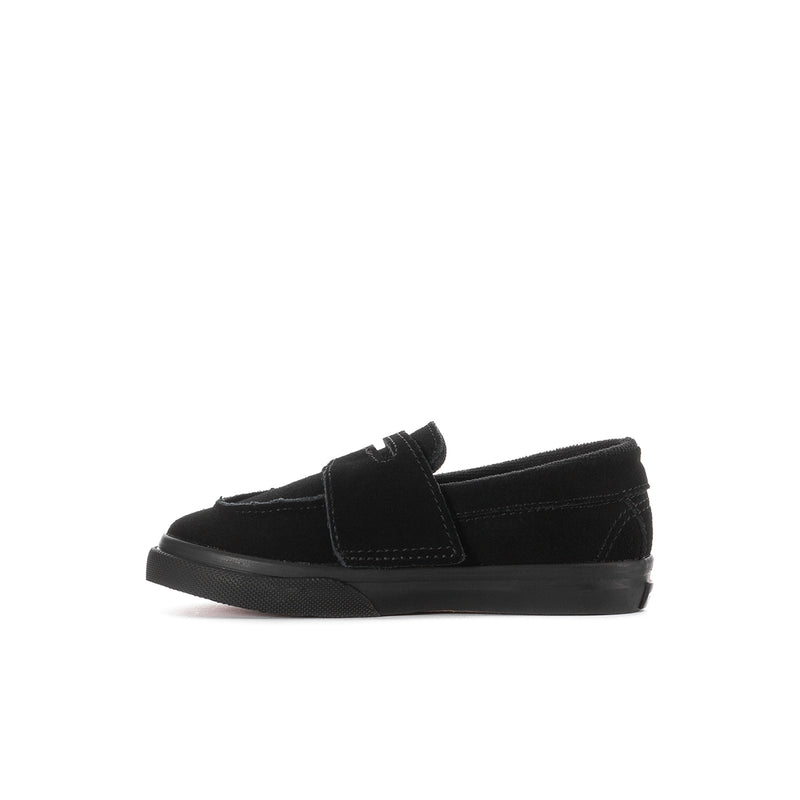 Black toddler loafer shoe with strap closure and textured sidewall sole