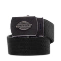 Black cotton web belt with rectangular metal logo buckle and textured fabric