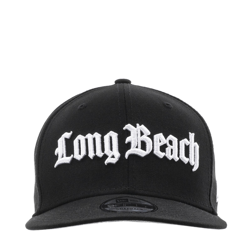 Black snapback cap with white Long Beach logo embroidery