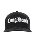 Black snapback cap with white Long Beach logo embroidery